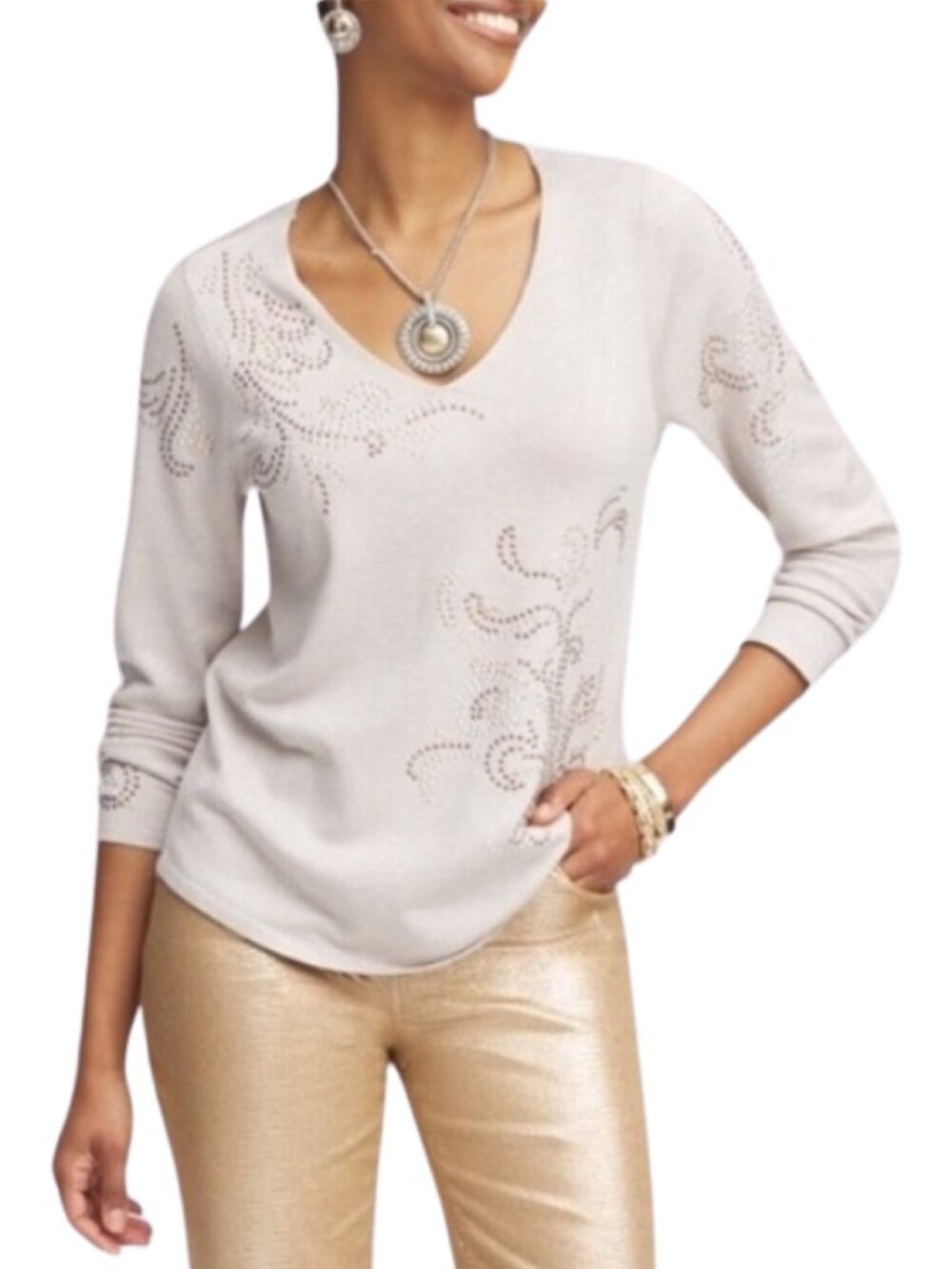 NWT Chico's V-Neck Metallic Long Sleeve Embellished Top - S - Tan, Gold